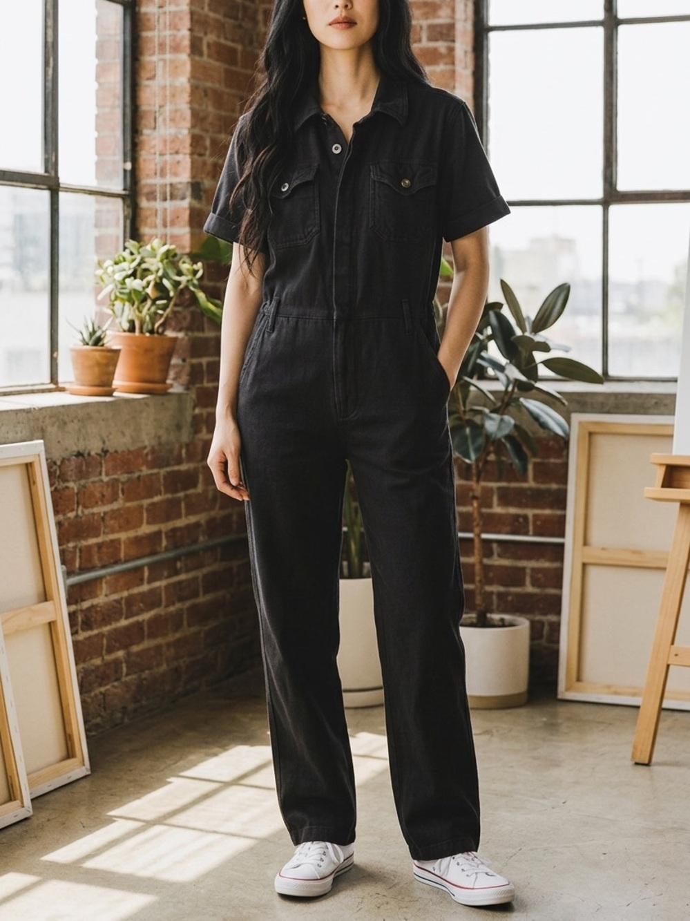 Good American Black Cotton Short Sleeve Straight Leg Button Up Jumpsuit Size 1
